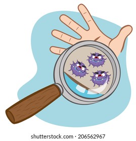 This is a person with her hand being seen with a magnifying glass showing microorganisms in your palm