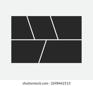 This photo collage template features five dark rectangular areas split across two rows, separated by thin white lines, including two diagonal splits in the top row and one in the bottom.