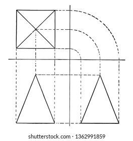 This photo is from Square Pyramid, shows its plan, front and side views, vintage line drawing or engraving illustration.