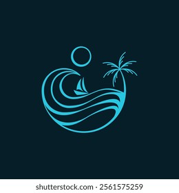 this is a picture of an abstract water shape logo with a palm tree in the room and there is a boat in the middle there is also a circle on top which is the sun