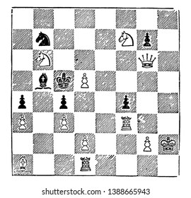 In this picture this is a chess game. In this image there are black & white pieces of chess, vintage line drawing or engraving illustration.