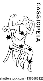 This is a picture of a constellation in which a girl is sitting on the chair and this is known as Cassiopeia, vintage line drawing or engraving illustration.