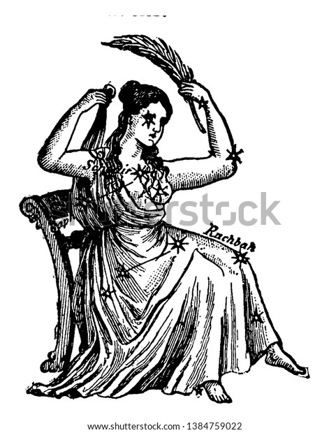 この絵は 女性が椅子の上に座っている星座 ビンテージ線画 彫刻イラストを描いたものです のベクター画像素材 ロイヤリティフリー