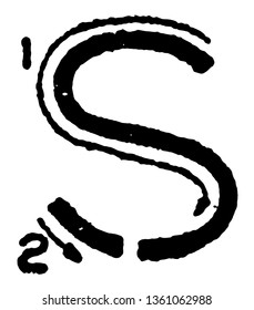 This is a picture of correct stroke technique for writing letter S in commercial gothic, vintage line drawing or engraving illustration.