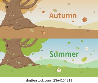 This picture depicts summer and autumn in the four seasons. The surroundings of a big tree change noticeably as its leaves flutter down, resembling a snowfall of fallen leaves.