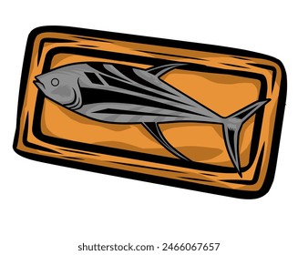 This is a picture of a fish on a wooden board which illustrates that this fish is ready to be processed into food. This picture is suitable for those of you who are food enthusiasts.