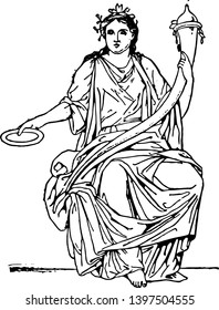 In this picture this is The Fortuna the goddess of chance in Roman mythology. She has holding something in her both hands vintage line drawing or engraving illustration.