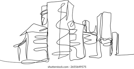 Esse quadro de um grupo de prédios, desenhado inteiramente à mão em uma tábua, é um rabiscar de linha contínua imaginado e transformado em um arquivo vetorial, criado sem o uso da IA.