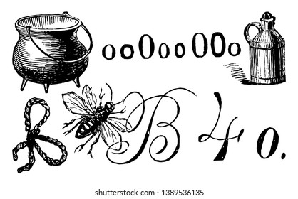 This picture having a fly, a pot, a kettle, it is premium puzzle, vintage line drawing or engraving illustration.