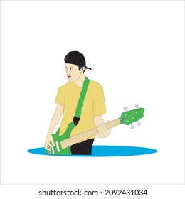 
This picture illustrates a man playing a bass guitar.