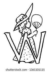 This picture includes the letter W. There is one little baby behind the letter. There is a balloon in the hand of baby, vintage line drawing or engraving illustration.