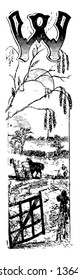 Esta imagem inclui a letra W. Há uma cena da natureza em torno da letra. Imagem inclui um agricultor com cavalos e ao redor que algumas árvores também estão lá, vintage linha de desenho ou gravura