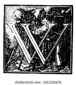 Dieses Bild enthält den Buchstaben W. Dieser Buchstabe W ist in einer Box mit einem Hintergrunddesign eines menschlichen Skeletts, einer Vintage-Linie-Zeichnung oder Graviergrafik eingeschlossen.