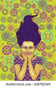 In this picture, a laughing girl in the background of different hours and circles.