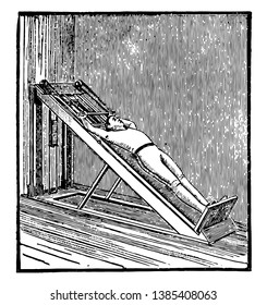 In this picture A man is exercising with the long inclined plane, used for the upper body. This is a way of an exercise, vintage line drawing or engraving illustration.