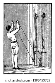 In this picture A man exercising with the low pulleys used for chest and arms. This is a way of exercise, vintage line drawing or engraving illustration.