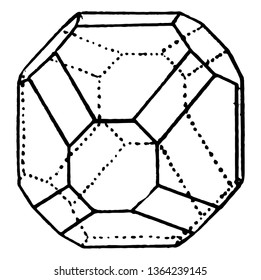 In this picture are many faces. The faces are all oblique and each corners of each triangle are all different, vintage line drawing or engraving illustration.