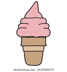 This is a picture of a pink ice cream cone, with a brown cone. The drawing is cartoon-like and simple.