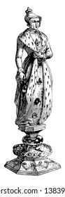 In this picture Queen Chess piece is wearing a 16th century costume. It's look like very historic piece of chess. Worn by the princesses of Germany, vintage line drawing or engraving illustration.