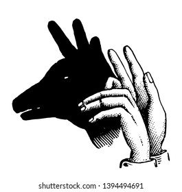 This picture represents are Hand to shadow of Reindeer vintage line drawing or engraving illustration.