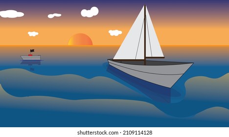 this is a picture of the sea atmosphere in the afternoon. there is a boat sailing on the blue sea water, then there are clouds and also the sunset and the sky is yellowish blue.