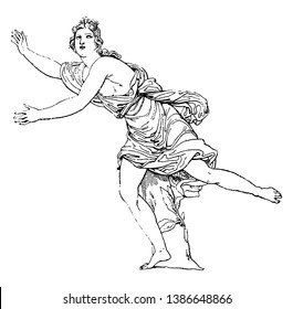 This picture is showing Daphne. In Greek mythology, it is believed that Daphne is the daughter of the river god Peneus, vintage line drawing or engraving illustration.