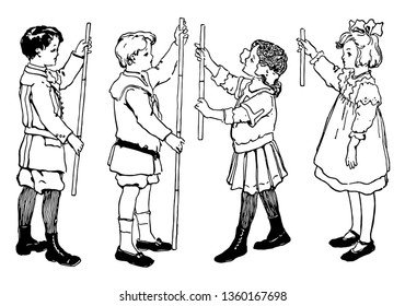 This picture is showing four children holding the rules of different sizes. They are comparing the length of the ruler, vintage line drawing or engraving illustration.