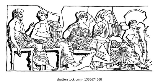 In this picture showing the group of Gods and Goddesses they were talking to each other, vintage line drawing or engraving illustration.