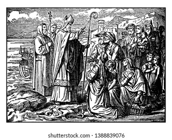 In diesem Bild gezeigt Peter und John Lay ihre Hände auf Völker, die Konvertieren seiner Religion Christianize Converts, Vintage Linie Zeichnung oder Gravitation Illustration.
