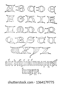 This picture shows 14th century uncial alphabets which belongs to the East Germanic, vintage line drawing or engraving illustration.