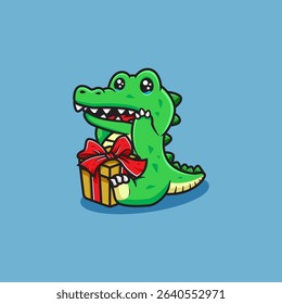 This picture shows a crocodile crying with emotion because he received a gift, it looks very cute and adorable