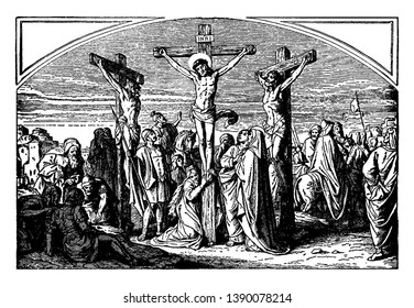 This picture shows the crucifixions of Jesus with two robbers were crucified with him, one on the right and one on the left". Jesus' mother, Mary, stands at the foot of the cross with another woman.