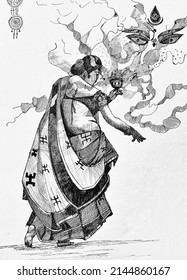 This picture shows the culture of Indian society you can see how the girl is performing saraswati puja. Illustrator Art.  