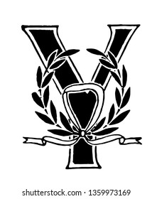 This picture shows the floral initial letter Y. Picture consists one logo on the letter which indicates the ribbon and vines, vintage line drawing or engraving illustration.