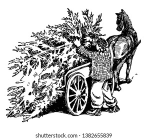 This picture shows a man who is loading a Pine Tree in his horse-Cart, vintage line drawing or engraving illustration.