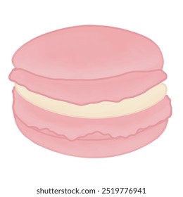Esta imagen muestra un macaron rosa pastel claro que tiene un relleno ligeramente blanco.