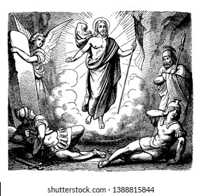 This picture shows the resurrection of Jesus when an angel removed the stone away from the entrance of the tomb, vintage line drawing or engraving illustration.