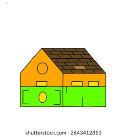 This picture shows a simple house or hut drawn using basic geometric shapes and colored with bright colors. White background 