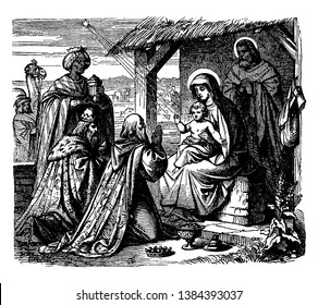 This picture shows that a wise man down their knee in front of Jesus, vintage line drawing or engraving illustration.