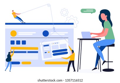 This picture shows a young girl working on a laptop, and a zoomed web page design that's being easily customized by the group of helpers