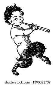 In this picture a small boy named as Pan is playing the flute, vintage line drawing or engraving illustration.