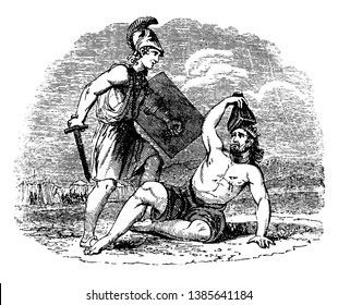 In this picture a soldier with a sword and shield in his hand and he is killing a man, vintage line drawing or engraving illustration.