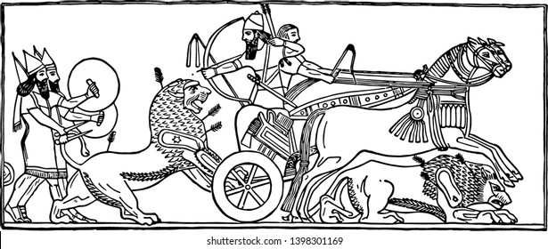 In this picture some men are moving on cart which pulled by horse and one man shooting lion behind cart with bow and arrow vintage line drawing or engraving illustration.