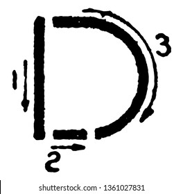 This is a picture of stroke technique for writing letter D in commercial gothic, vintage line drawing or engraving illustration.