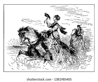 In this picture there is a high-born, noblewoman rides a stallion whileholding a falcon perched on her right hand. She is wearing a falconry glove and holds the horses reins in her left hand, vintage