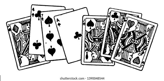 In this picture there are seven cards a laid out showing, vintage line drawing or engraving illustration.