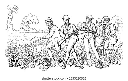In this picture, there are some men gathered together in a field for hunting with shotguns, vintage line drawing or engraving illustration.