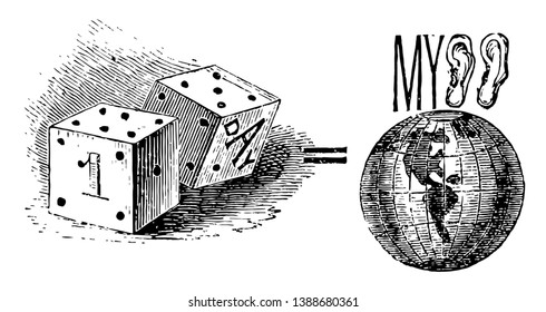 In this picture, there are  two dice images and earth which represents that one day better in paradise than thousands years on earth, vintage line drawing or engraving illustration.