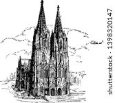 In this picture we see the Germanys most beautiful cathedral Cologne vintage line drawing or engraving illustration.