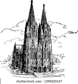 In this picture we see the Germanys most beautiful cathedral Cologne vintage line drawing or engraving illustration.